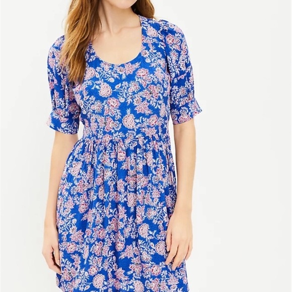 13. LOFT Blue Floral Asymmetrical Short Sleeve Dress Size 6 - Picture 1 of 8